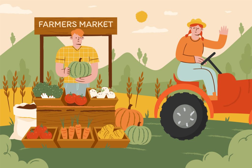 Cartoon of farmer's market with husband manning the booth and wife driving a tractor.
