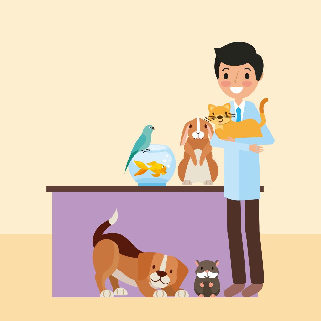 Cartoon of veterinarian with dog, cat, bunny, bird and fish.
