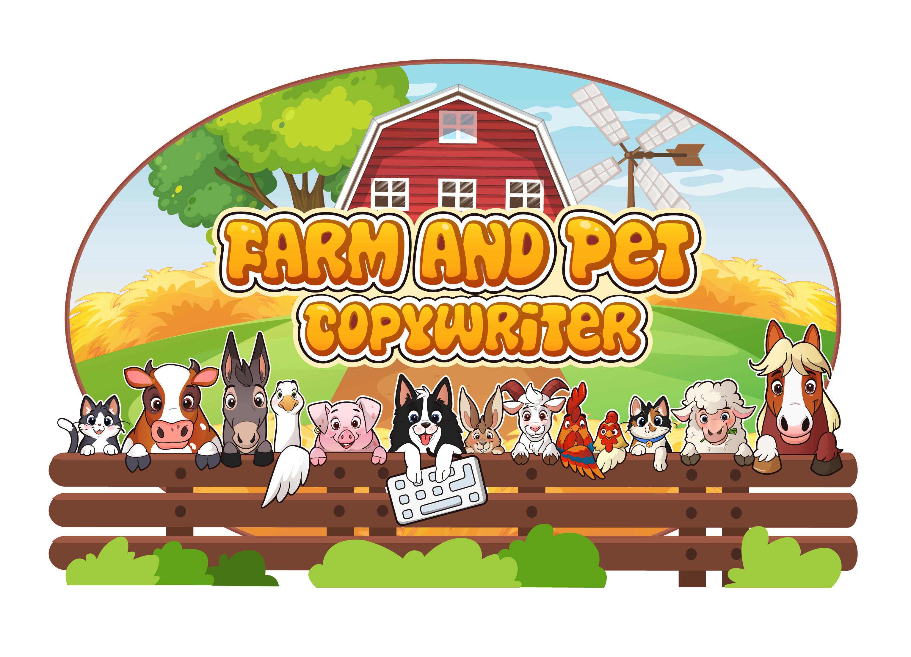 Farm and Pet Copywriter Logo - whimsical picture of a barnyard with multiple animals by a fence, the middle one holding a keyboard.