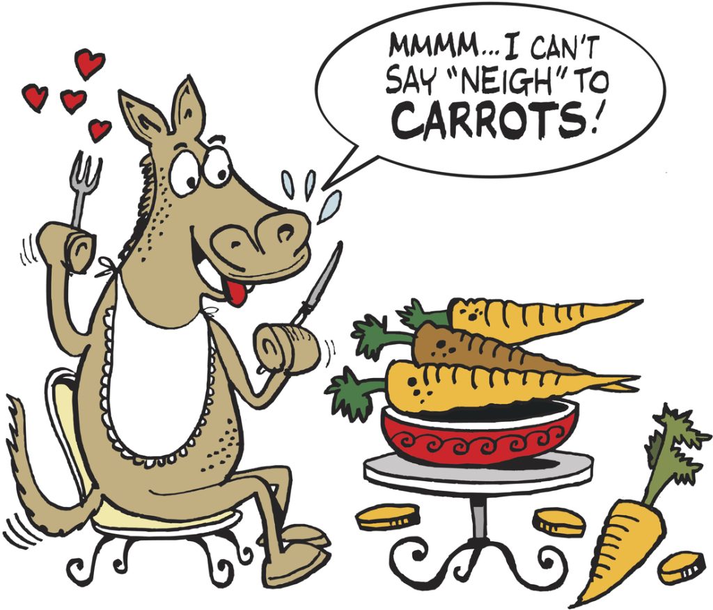 Vector cartoon of happy horse sitting at table with knife and fork, eagerly looking forward to a plate of fresh carrots.