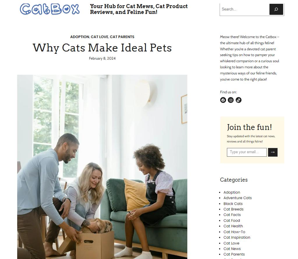 Screenshot of Farm and Pet Copywriter's guest blog on CatBox, with title and a picture of a family picking up a cat out of a box.